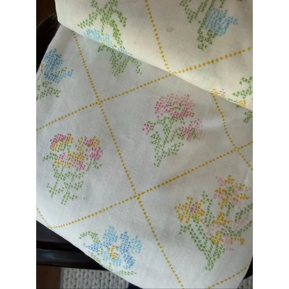 Vintage JCPenney Floral Cross-stitch Print Full Size Sheet Set
